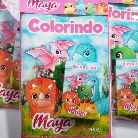 Mini Livro de Colorir + Giz de Cera Dino Baby Rosa