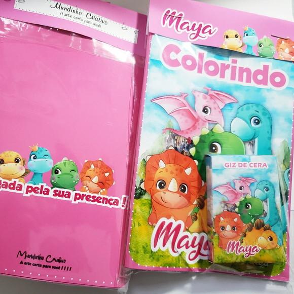 Mini Livro de Colorir + Giz de Cera Dino Baby Rosa