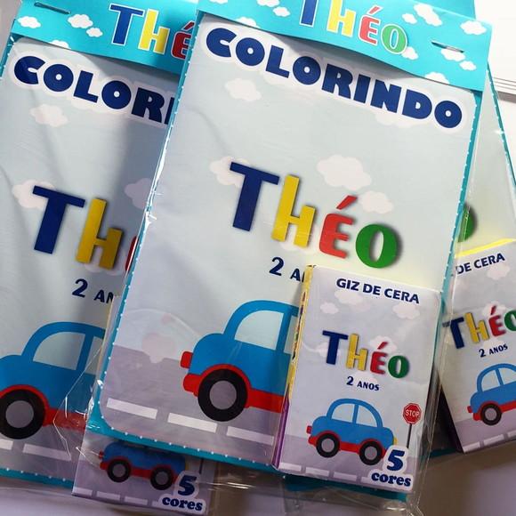 Mini Livro de Colorir Carrinhos / Transporte + Giz de Cera