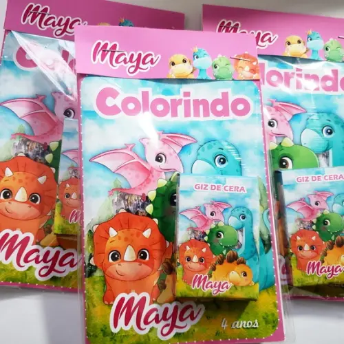Mini Livro de Colorir + Giz de Cera Dino Baby Rosa