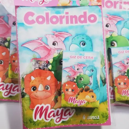 Mini Livro de Colorir + Giz de Cera Dino Baby Rosa