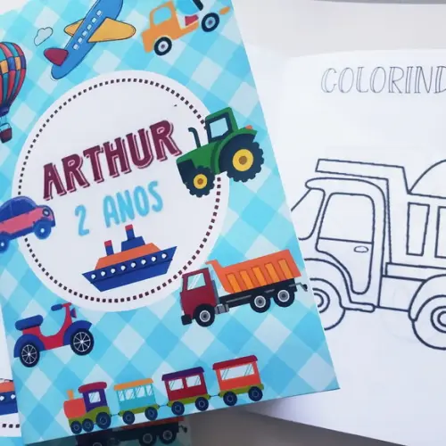 Mini Livro de Colorir Carrinhos / Transporte + Giz de Cera