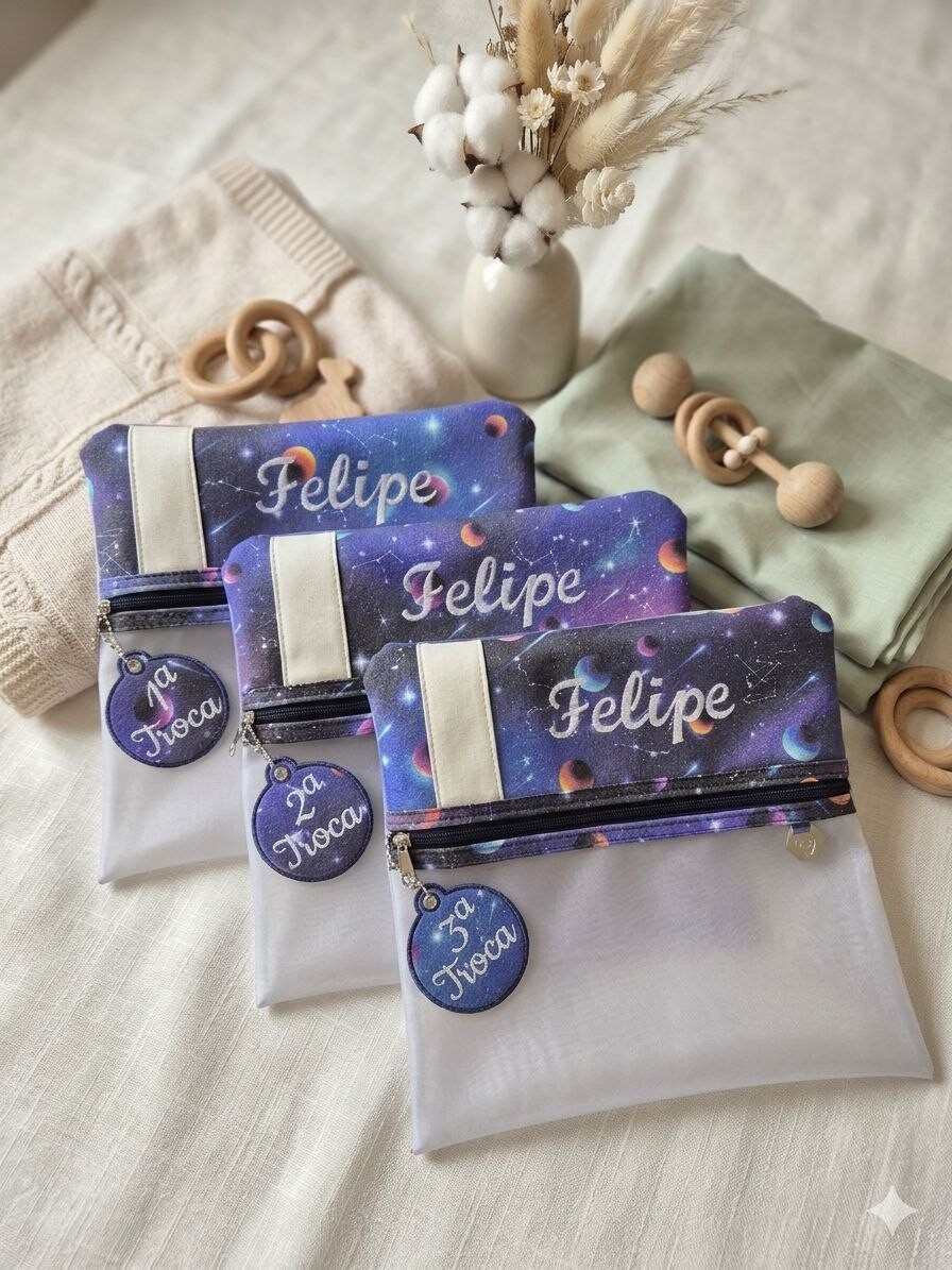 Kit com 3 Necessaires para Troca Maternidade Personalizada