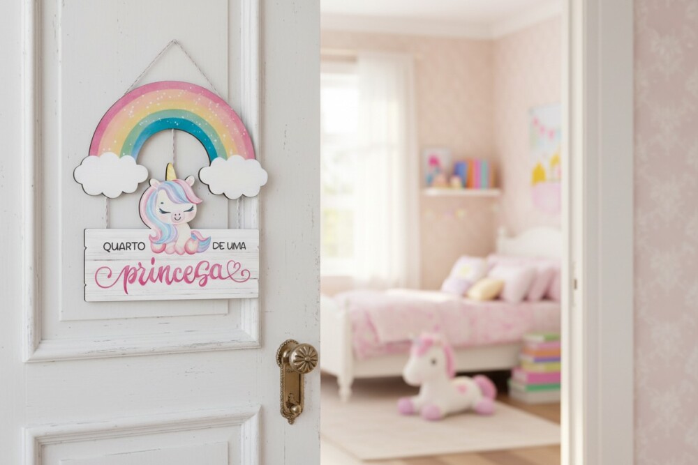 Placa Decorativa Infantil Unicórnio com Arco-Íris | Quadro Quar