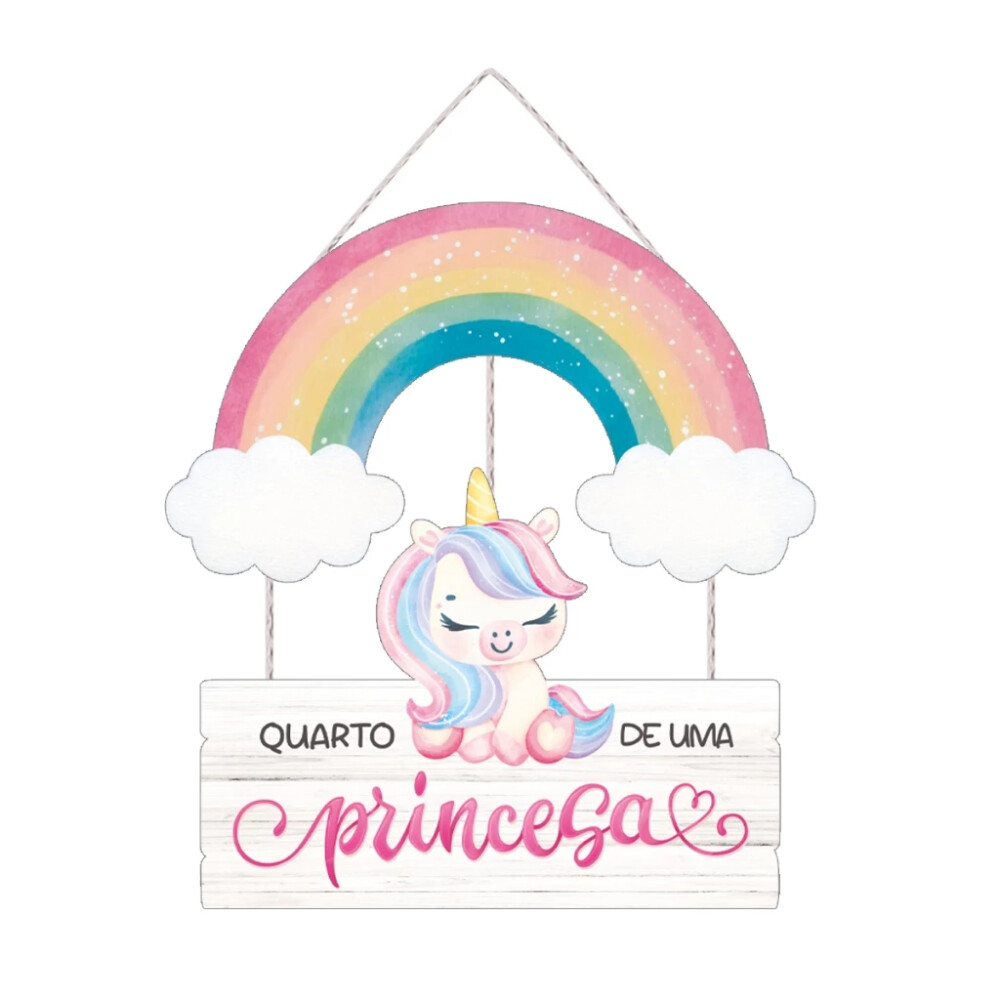 Placa Decorativa Infantil Unicórnio com Arco-Íris | Quadro Quar