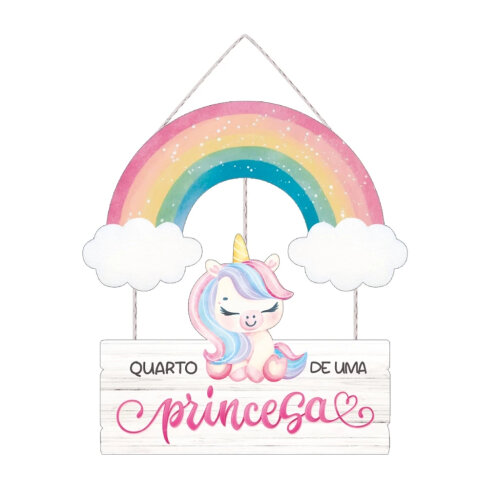 Placa Decorativa Infantil Unicórnio com Arco-Íris | Quadro Quar