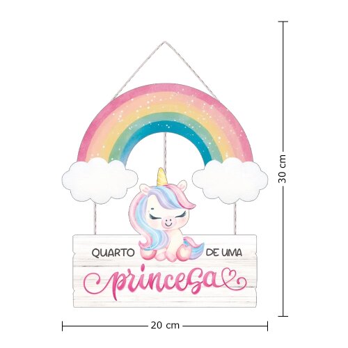 Placa Decorativa Infantil Unicórnio com Arco-Íris | Quadro Quar