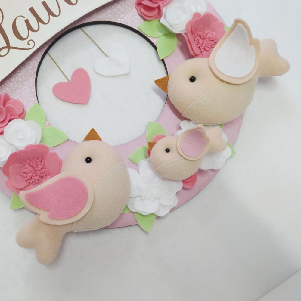 Guirlanda Passarinhos de Feltro Branco e Rosa - Laura