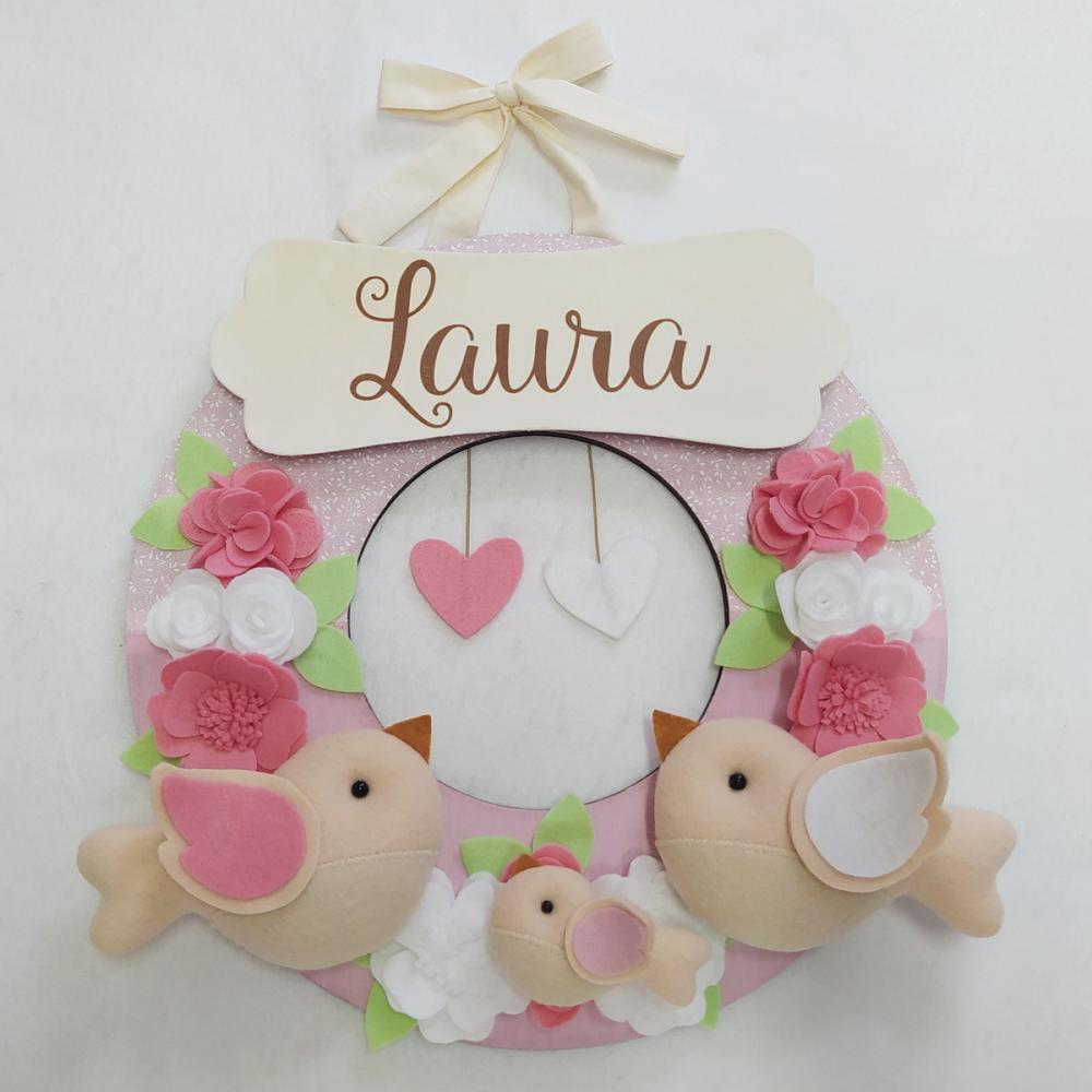 Guirlanda Passarinhos de Feltro Branco e Rosa - Laura