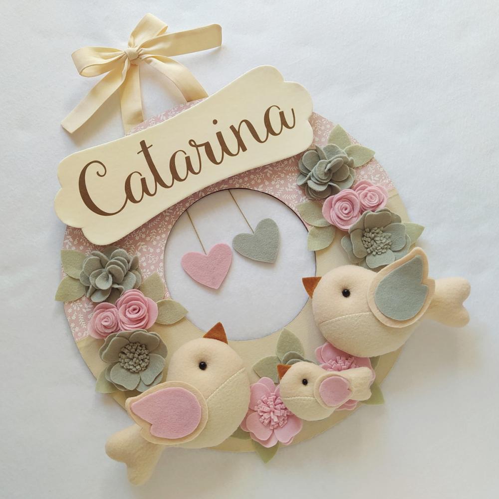 Guirlanda Passarinhos de Feltro Cinza e Rosa - Catarina