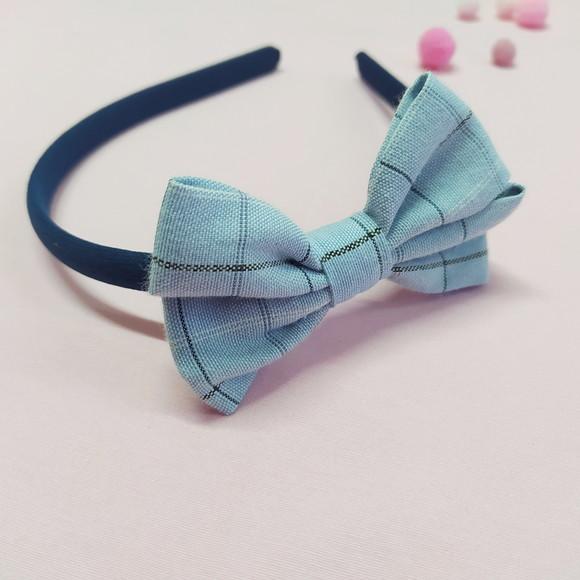 Tiara com Laço Libélula Xadrez Azul