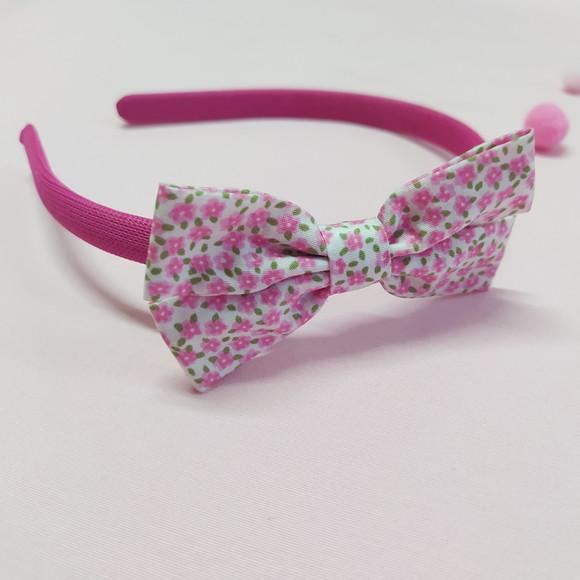 Tiara com Laço Libélula Mini Floral Rosa, Branco e Verde