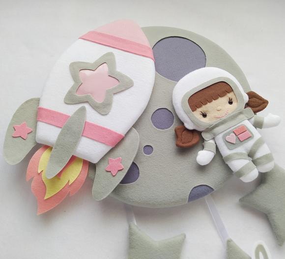 Enfeite Porta Maternidade Lua, Astronauta e Foguete - Sophia