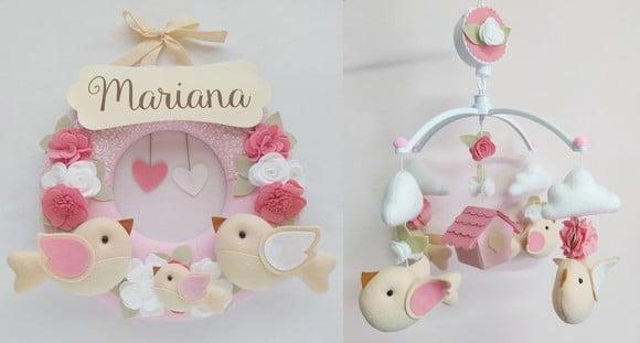 Guirlanda + Móbile Musical Pássaros Branco e Rosa