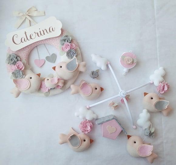 Guirlanda + Móbile Musical Pássaros Cinza e Rosa - Caterina