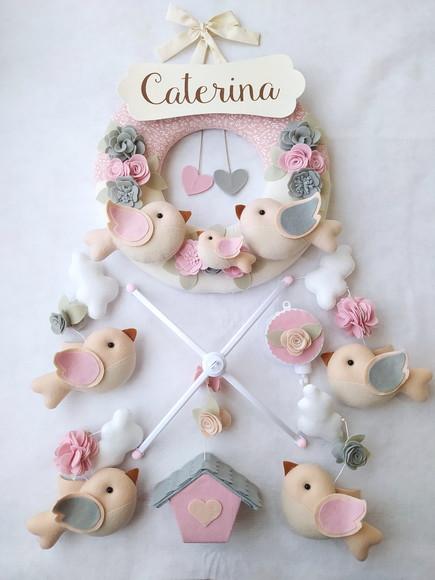 Guirlanda + Móbile Musical Pássaros Cinza e Rosa - Caterina