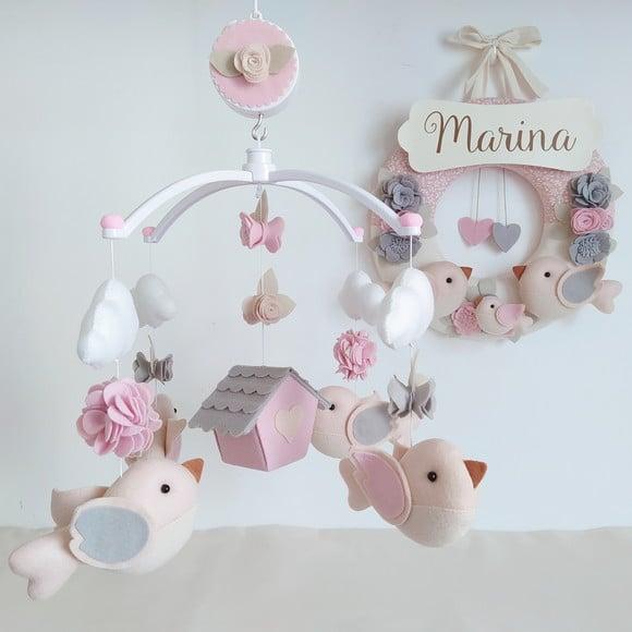 Guirlanda + Móbile Musical Pássaros Cinza e Rosa - Marina