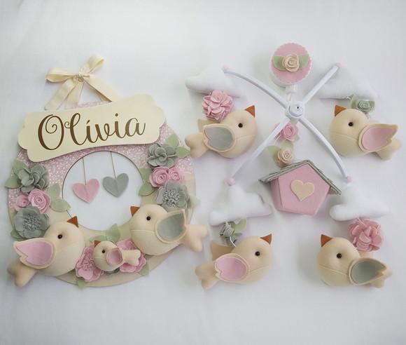 Guirlanda + Móbile Musical Pássaros Cinza e Rosa - Olívia