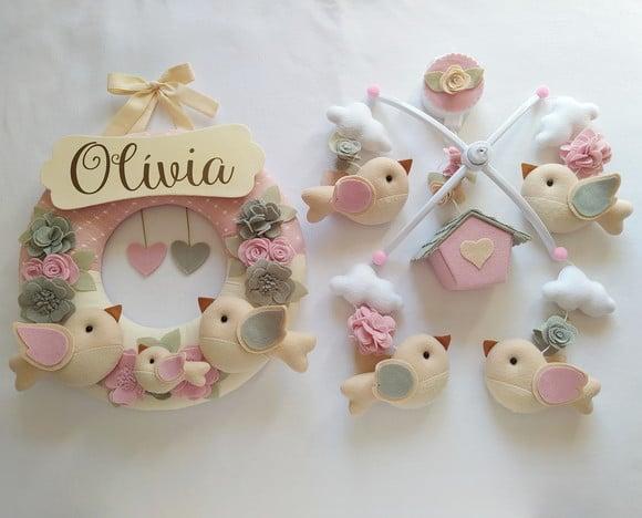 Guirlanda + Móbile Musical Pássaros Cinza e Rosa Olívia