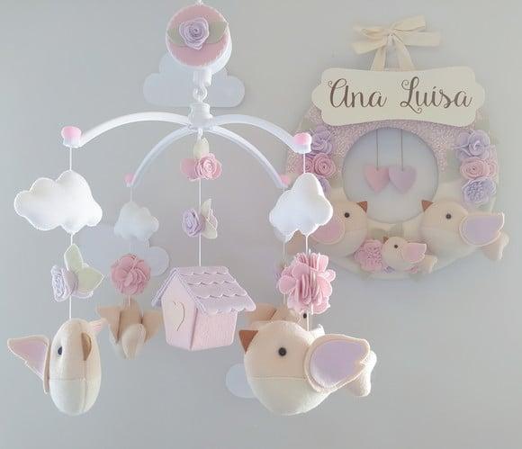 Guirlanda + Móbile Musical Pássaros Lilás e Rosa - Ana Luísa