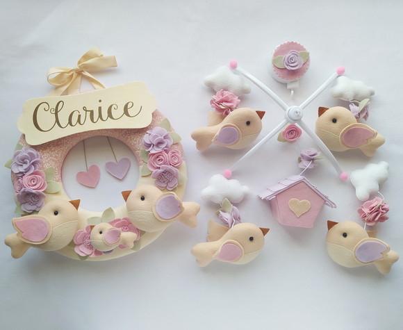 Guirlanda + Móbile Musical Pássaros Lilás e Rosa - Clarice