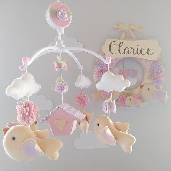 Guirlanda + Móbile Musical Pássaros Lilás e Rosa - Clarice