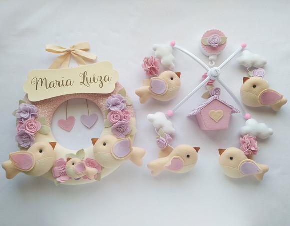 Guirlanda + Móbile Musical Pássaros Lilás e Rosa - Maria Luiza