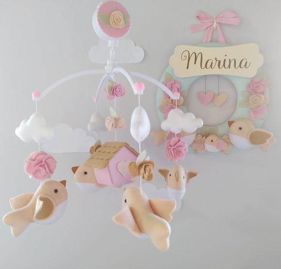 Guirlanda + Móbile Musical Pássaros Verde e Rosa - Marina