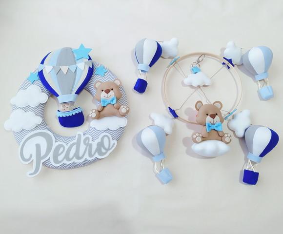 Guirlanda e Móbile Balão e Ursinho Azul e Cinza Pedro