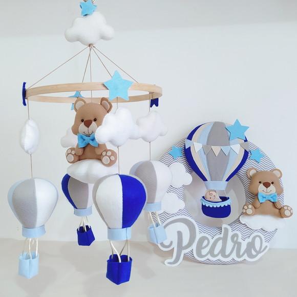 Guirlanda e Móbile Balão e Ursinho Azul e Cinza Pedro