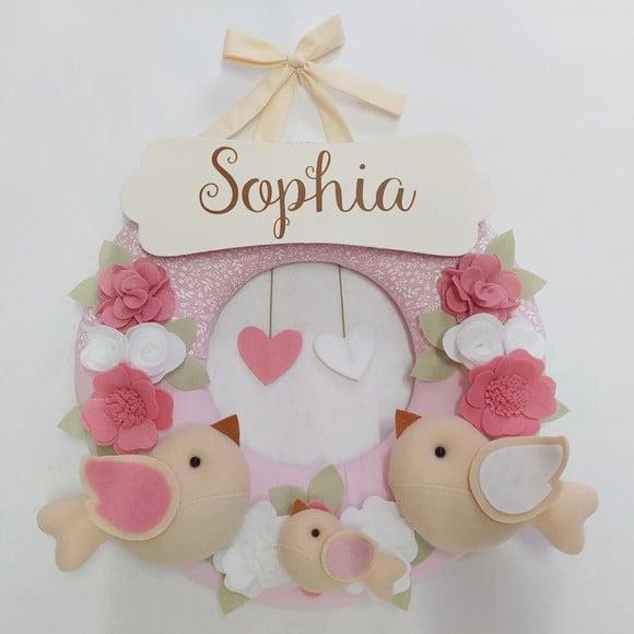 Guirlanda Passarinhos de Feltro Branco e Rosa Sophia