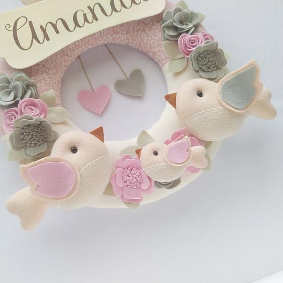 Guirlanda Passarinhos de Feltro Cinza e Rosa - Amanda