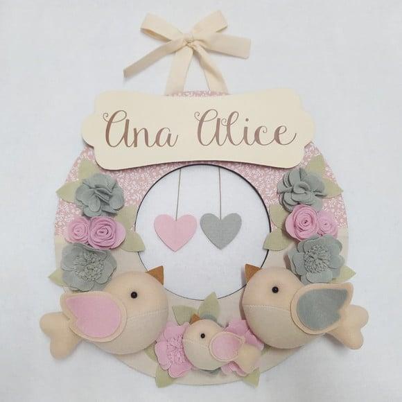 Guirlanda Passarinhos de Feltro Cinza e Rosa - Ana Alice