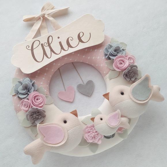Guirlanda Passarinhos de Feltro Cinza e Rosa - Alice