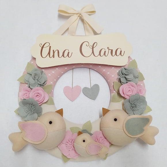 Guirlanda Passarinhos de Feltro Cinza e Rosa - Ana Clara