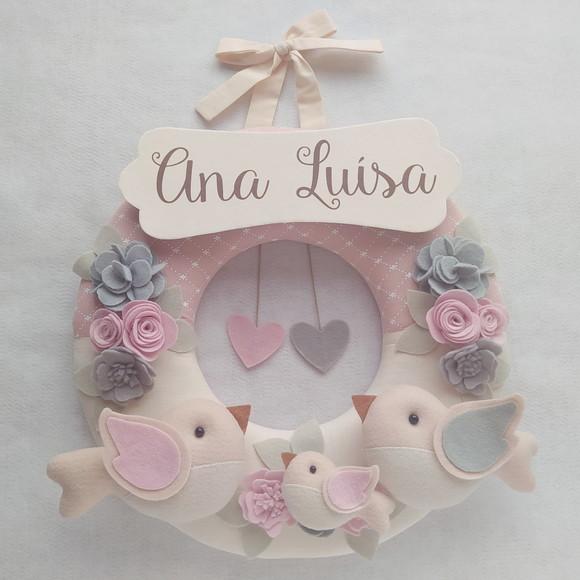 Guirlanda Passarinhos de Feltro Cinza e Rosa - Ana Luísa
