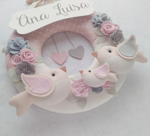 Guirlanda Passarinhos de Feltro Cinza e Rosa - Ana Luísa