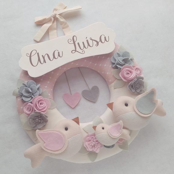 Guirlanda Passarinhos de Feltro Cinza e Rosa - Ana Luísa