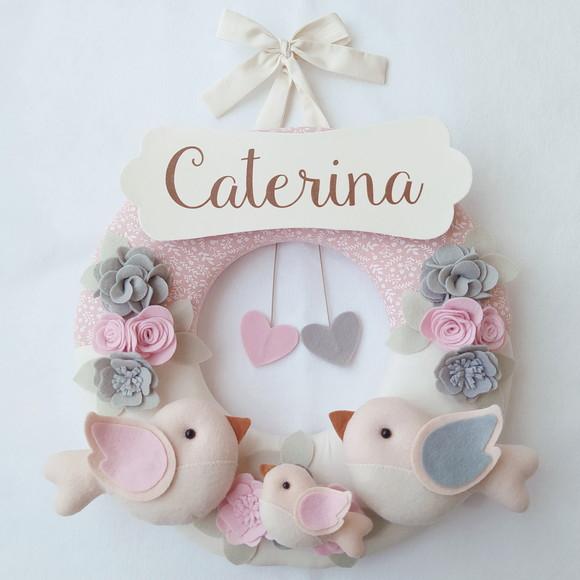 Guirlanda Passarinhos de Feltro Cinza e Rosa - Caterina