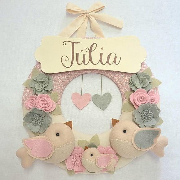 Guirlanda Passarinhos de Feltro Cinza e Rosa - Júlia