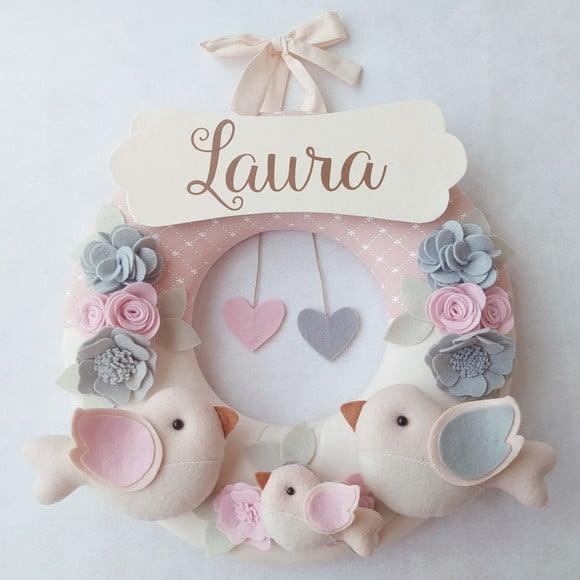 Guirlanda Passarinhos de Feltro Cinza e Rosa - Laura
