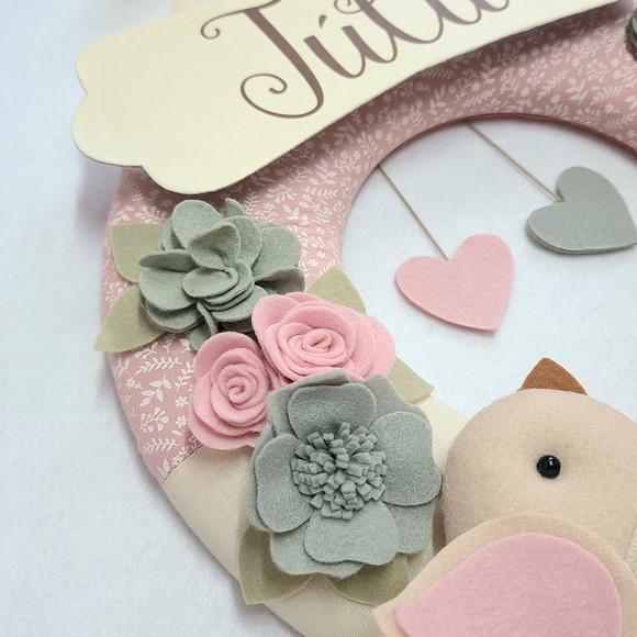 Guirlanda Passarinhos de Feltro Cinza e Rosa - Júlia