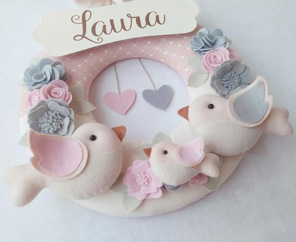 Guirlanda Passarinhos de Feltro Cinza e Rosa - Laura