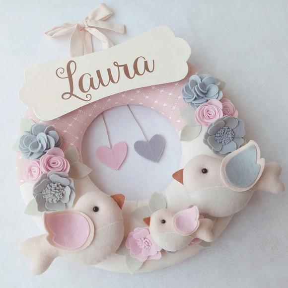 Guirlanda Passarinhos de Feltro Cinza e Rosa - Laura