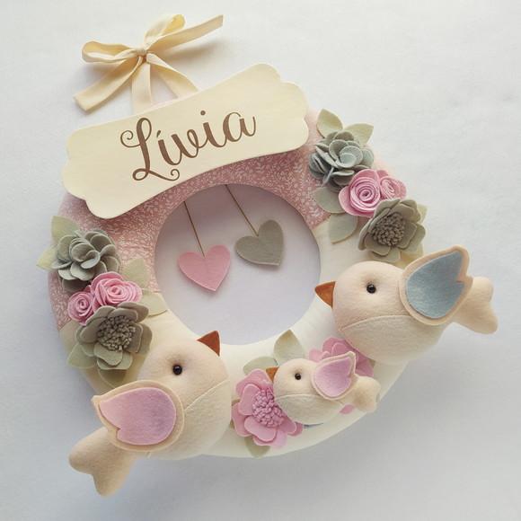 Guirlanda Passarinhos de Feltro Cinza e Rosa - Lívia