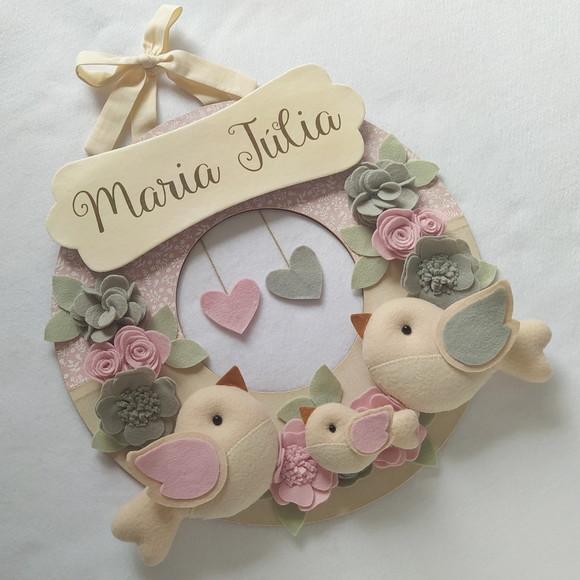 Guirlanda Passarinhos de Feltro Cinza e Rosa - Maria Júlia