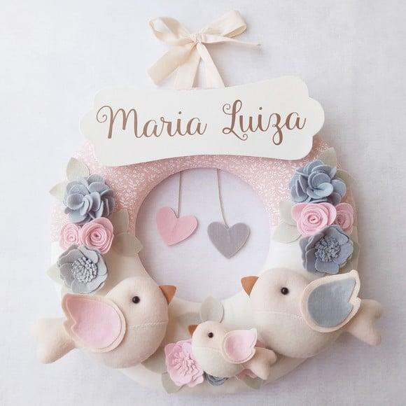 Guirlanda Passarinhos de Feltro Cinza e Rosa - Maria Luiza
