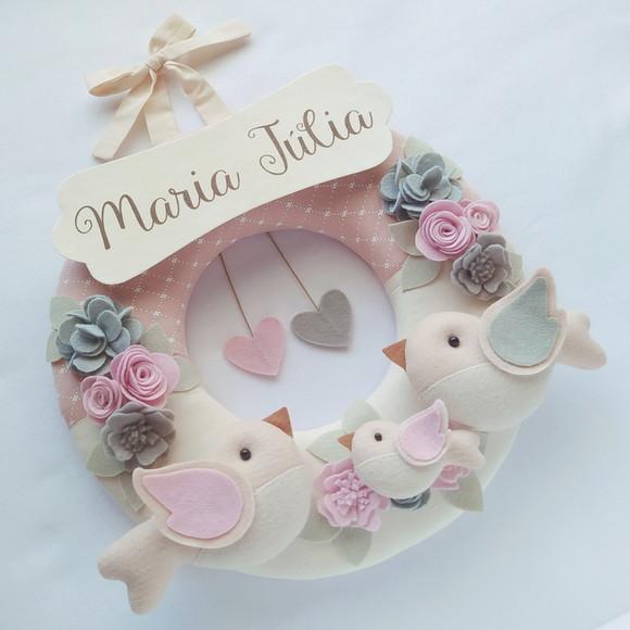 Guirlanda Passarinhos de Feltro Cinza e Rosa - Maria Júlia