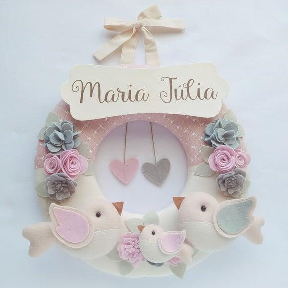 Guirlanda Passarinhos de Feltro Cinza e Rosa - Maria Júlia