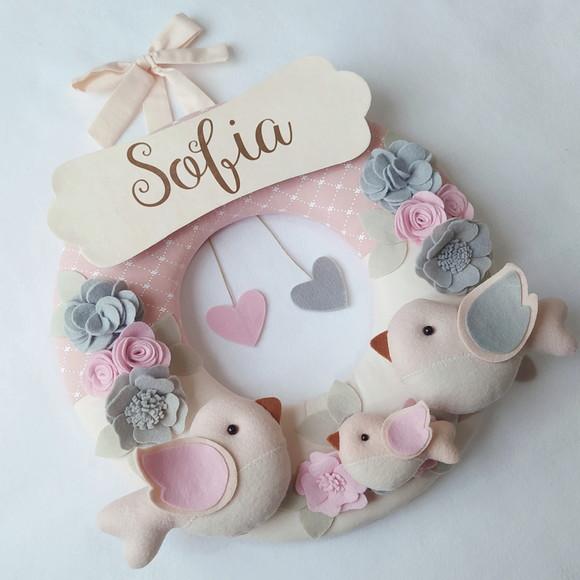 Guirlanda Passarinhos de Feltro Cinza e Rosa - Sofia